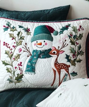 Woodland Frost Quilted Pillow Sham, Rustic Forest Throw Pillow Cover For Cabin & Lodge Style, Cozy Winter Bedroom Accent, Washable