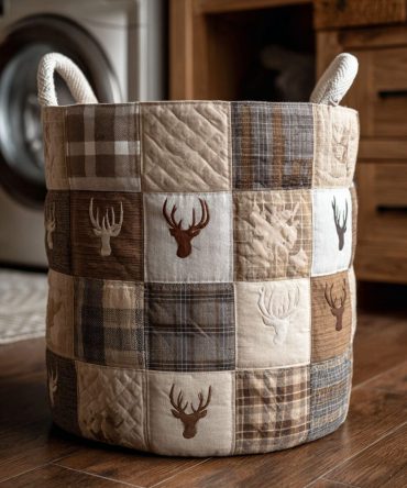 Woodland Buck Quilted Laundry Hamper — Rustic Buck Pattern Fabric Basket, Collapsible Laundry Organizer With Reinforced Handles