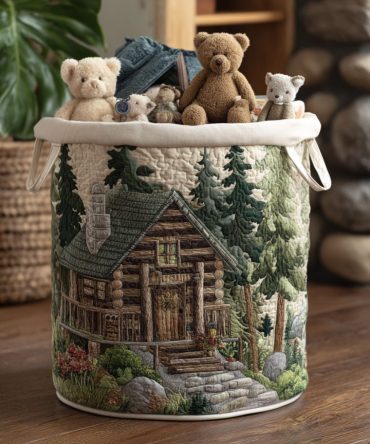 Woodland Cabin Quilted Laundry Hamper — Rustic Fabric Basket With Handles, Collapsible Storage For Cabin, Lodge & Home Decor