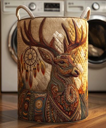 Rustic Quilted Laundry Hamper - Woodland Deer Spirit Design, Collapsible Fabric Clothes Basket, Durable & Machine Washable Home Organizer
