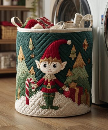 Woodland Elf Fun Quilted Laundry Hamper – Whimsical Elf & Forest Print Fabric Basket With Handles, Collapsible Kids Storage