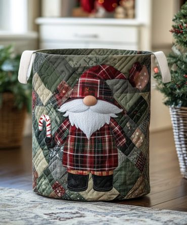 Woodland Gnome Quilted Hamper — Whimsical Gnome Print Laundry Basket, Soft Quilted Fabric, Sturdy Collapsible Storage For Cozy Homes