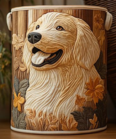 Woodland Golden Quilted Fabric Laundry Hamper — Sturdy Decorative Basket With Handles For Closet, Nursery & Home Organization