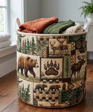 Woodland Harvest Quilted Laundry Hamper - Autumn Leaf Pattern, Durable Foldable Fabric Basket With Strong Handles For Mudroom