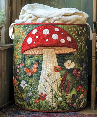 Woodland Mushroom Quilted Laundry Hamper - Rustic Collapsible Fabric Storage Basket With Sturdy Handles For Bedroom & Nursery