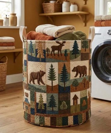 Woodland Patch Quilted Laundry Basket — Nature-Inspired Fabric Hamper With Sturdy Handles For Home & Cabin Use
