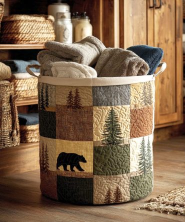 Woodland Patch Quilted Laundry Hamper — Large Foldable Quilted Laundry Basket With Handles, Rustic Forest-Inspired Storage Solution