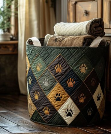 Woodland Paw Haven Quilted Laundry Hamper - Rustic Pet-Themed Foldable Laundry Organizer With Sturdy Handles, Machine-Washable, Perfect For Pet Owners