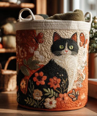Woodland Whiskers Quilted Laundry Hamper - Forest Cat Pattern Fabric Basket, Collapsible Padded Hamper With Sturdy Handles For Cozy Homes