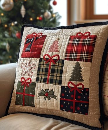 Wrapped In Joy Quilted Pillow Cover - Charming Holiday Throw Pillowcase For Sofa & Bed , Festive, Soft & Machine Washable