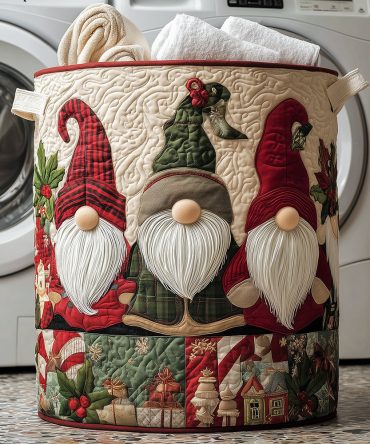 Festive Christmas Gnome Quilted Laundry Hamper - Large Collapsible Fabric Laundry Basket, Washable Holiday Storage & Gift-Ready