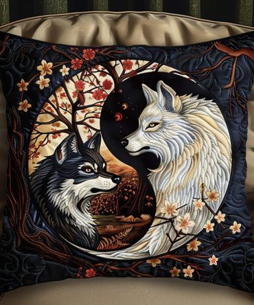 Yin Yang Wolves Quilted Decorative Pillow Cover — Symbolic Dual-Wolf Throw Cushion With High-Quality Quilted Texture For Balanced Interiors
