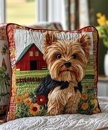 Yorkie Farm Quilted Pillow Cover — Rustic Yorkshire Terrier Throw Pillowcase For Farmhouse Style & Cozy Country Decor