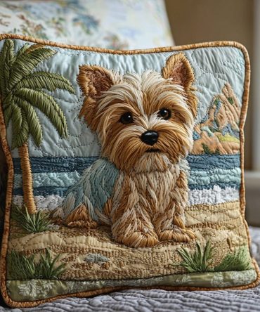 Yorkie Hangout Quilted Decorative Pillow Cover — Cozy Yorkshire Terrier Throw Pillowcase For Casual, Cute Home Styling