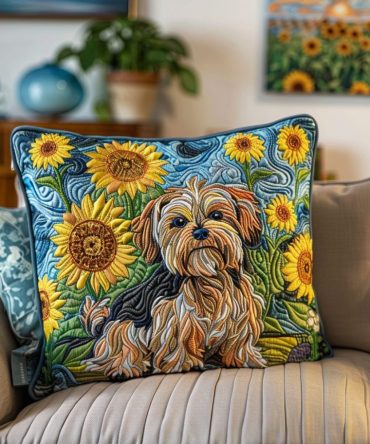Sunflower Garden Yorkshire Quilted Pillow Cover — Bright Floral Throw Pillowcase With Yorkshire Terrier Accent, Soft Home Decor Gift