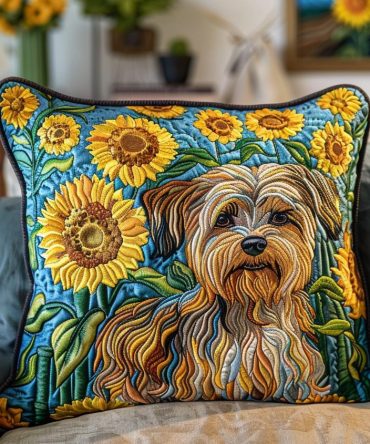 Yorkshire Sunflowers Quilted Pillow Cover - Sunny Floral Yorkie Decorative Pillowcase For Warm, Inviting Home Décor