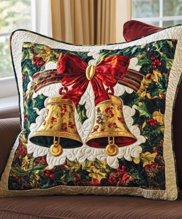 Yuletide Bells Quilted Pillow Cover — Classic Christmas Bell Throw Pillowcase, Festive Quilted Accent For Holiday Home Decor