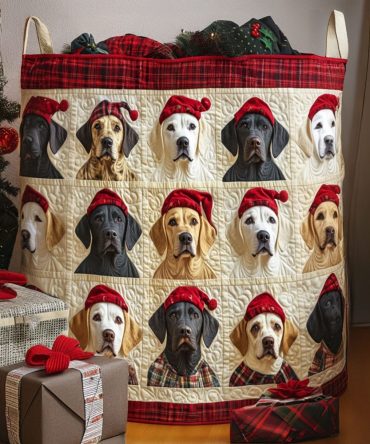 Yuletide Buddy Quilted Laundry Hamper — Festive Holiday Dog Print Foldable Laundry Basket, Christmas Storage & Gift Idea
