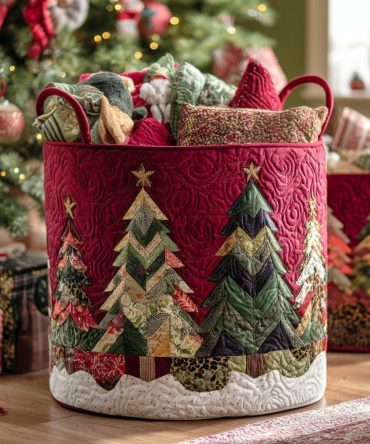 Holiday Quilted Laundry Hamper — Festive Yuletide Pattern, Collapsible Storage Basket With Handles For Bedroom & Gift Giving