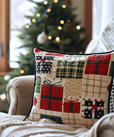Yuletide Gifts Quilted Pillow Cover - Festive Christmas Throw Pillowcase For Home & Gifting , Soft Quilting, Hidden Zipper, Easy Care
