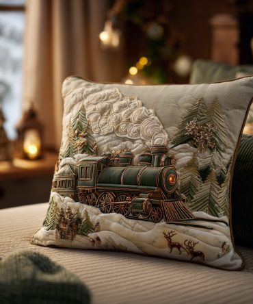 Yuletide Locomotive Quilted Holiday Pillow Cover - Charming Christmas Train Throw Pillowcase For Festive Home Accents