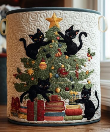 Yuletide Mischief Quilted Laundry Hamper — Festive Holiday Dog-Print Storage Basket, Fold-Flat Christmas Organizer, Gift-Ready