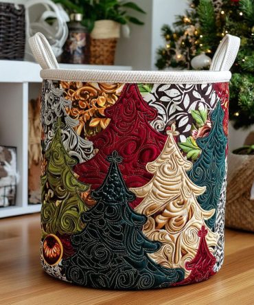 Yuletide Splendor Quilted Laundry Hamper — Luxurious Holiday Motif, Sturdy Fabric Basket With Handles, Foldable Seasonal Storage