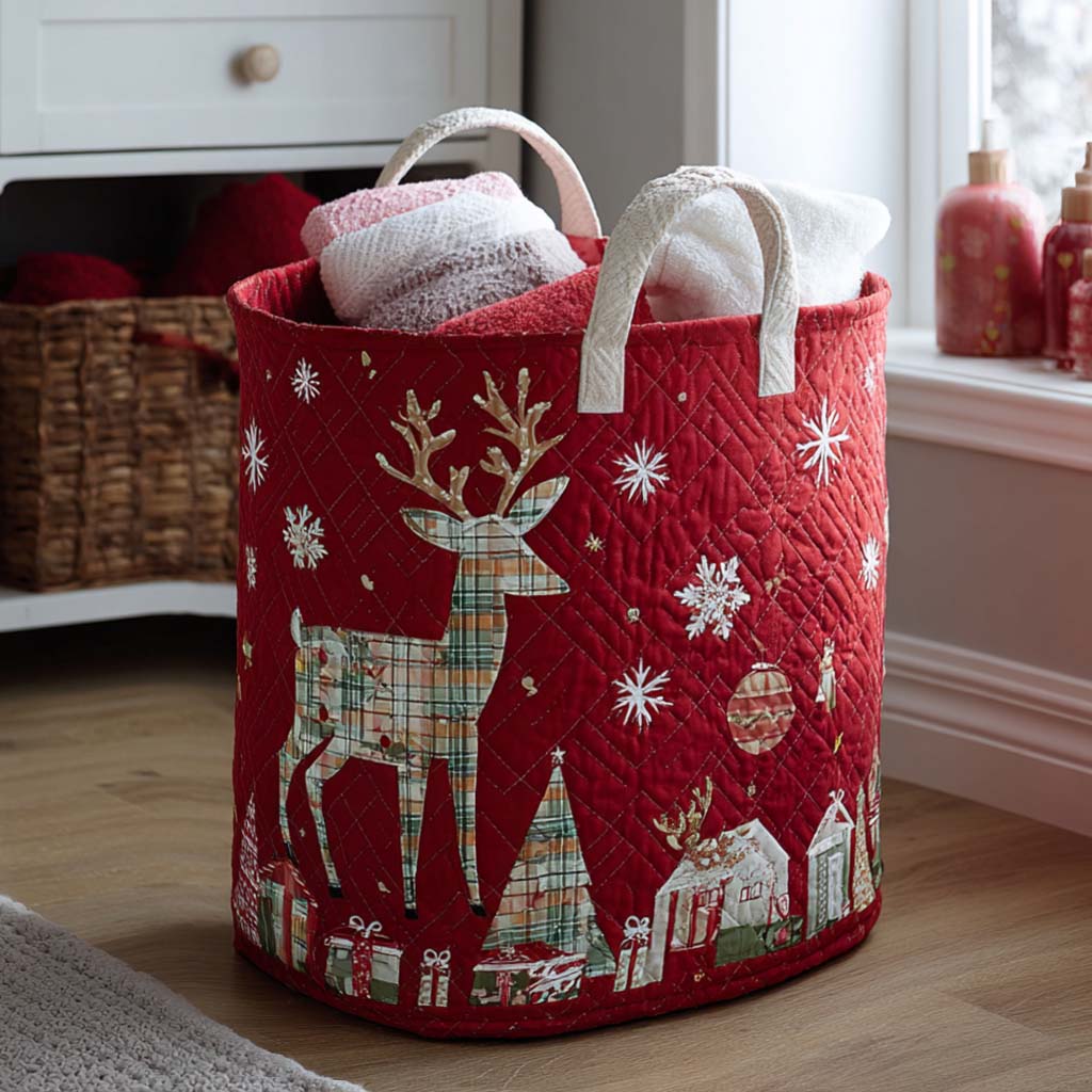 Yuletide Stag Quilted Laundry Hamper - Rustic Reindeer Motif Fabric Basket, Collapsible & Lined For Holiday Storage, Gift-Worthy Home Accent