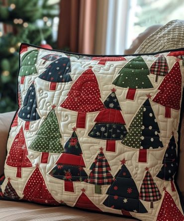 Yuletide Trees Quilted Pillow Cover — Classic Christmas Tree Quilt Throw Pillow Case, Timeless Holiday Accent For Home & Cabin