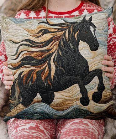Artistic Mystical Steeds Quilted Pillow Cover - Handdrawn Horse Motif Pillowcase, Boho Equestrian Design, Quilted Texture, Home Accent