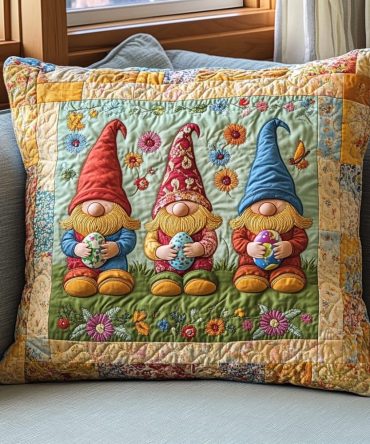 Colorful Gnome Quilted Pillow Cover - Whimsical Gnome Decorative Throw Pillowcase, Bright Accent For Kids & Garden Rooms