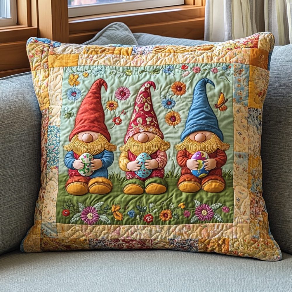 Colorful Gnome Quilted Pillow Cover - Whimsical Gnome Decorative Throw Pillowcase, Bright Accent For Kids & Garden Rooms