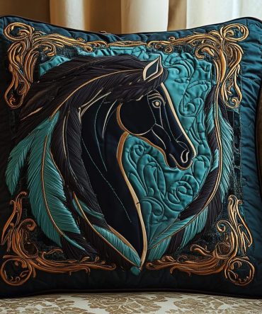 Golden Hoof Quilted Pillow Cover - Elegant Horse Motif Throw Pillowcase For Equestrian & Farmhouse Decor, Soft Quilted Accent Cushion Case