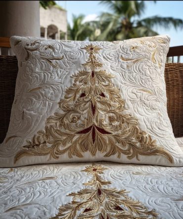 Luxurious Gold Poinsettia Quilted Pillow Cover — Premium Decorative Throw Pillow Case For Holiday Bedding & Elegant Home Décor