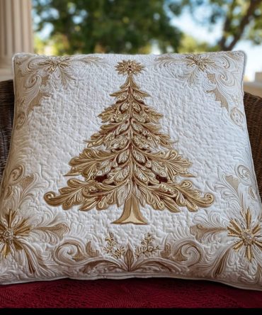 Golden Poinsettia Quilted Throw Pillow Cover - Elegant Holiday Metallic Floral Decorative Case For Christmas & Mantel