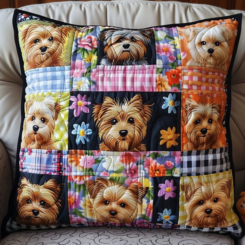 Yorkshire Charm Quilted Decorative Pillow Cover — Classic Yorkie Illustration Cushion For Dog Lovers, Elegant Living Room Accent