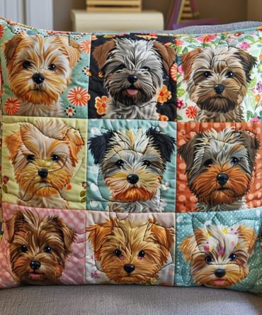Paws & Tails Yorkshire Quilted Pillow Cover — Playful Yorkie Pattern Cushion For Pet Lovers, Sofa & Nursery Accent