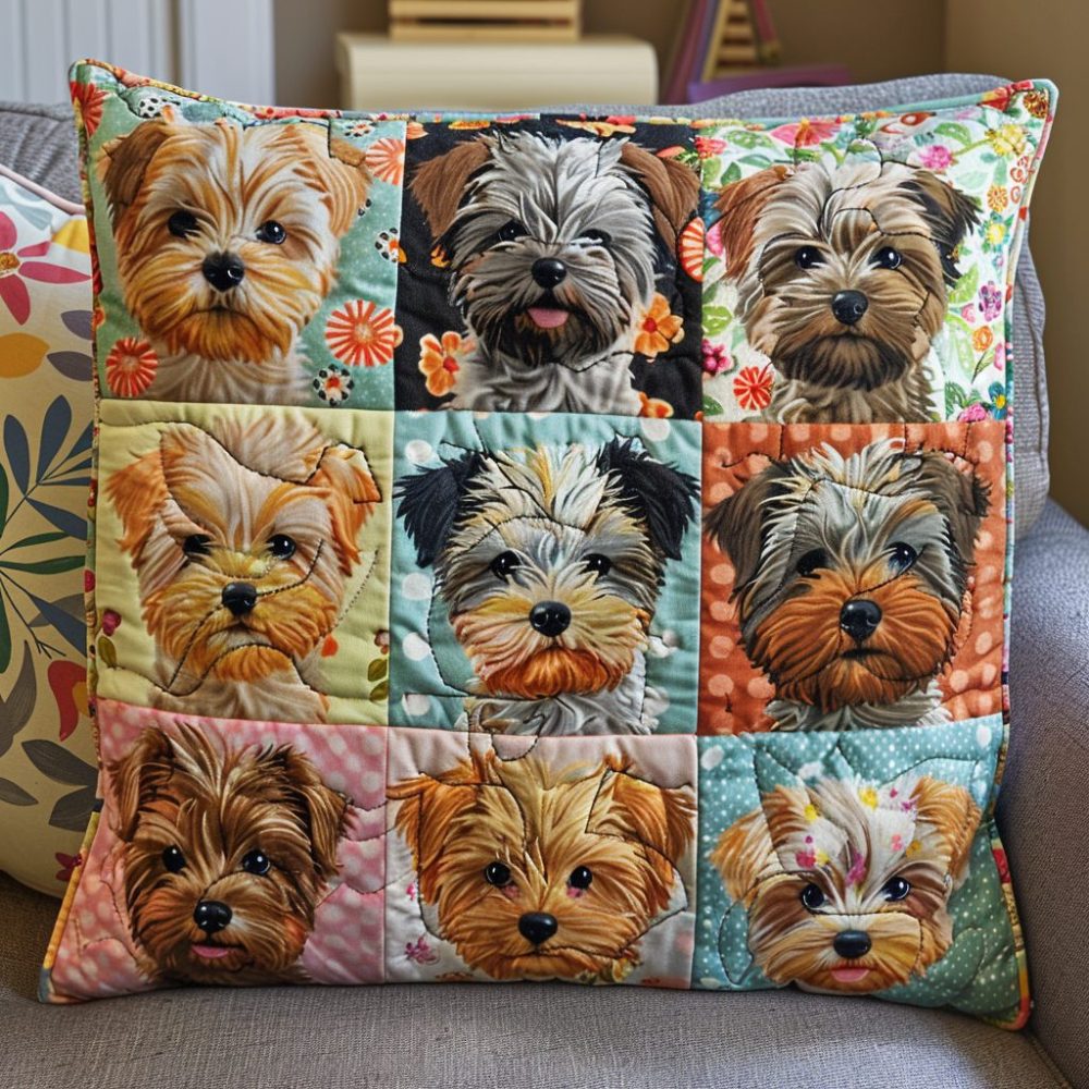 Paws & Tails Yorkshire Quilted Pillow Cover — Playful Yorkie Pattern Cushion For Pet Lovers, Sofa & Nursery Accent