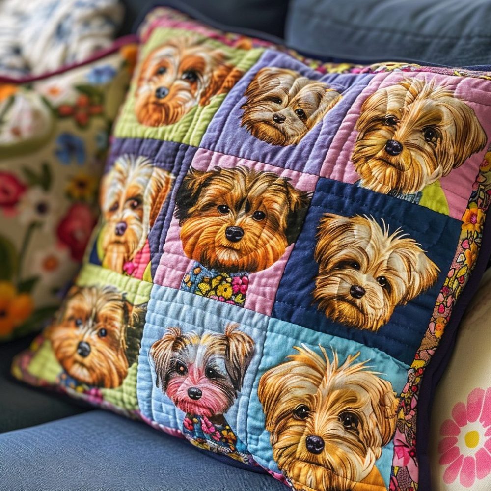 Yorkshire Paws Quilted Accent Pillow Cover — Classic Pup Pattern Cushion For Country, Cottage & Pet-Friendly Home Styling