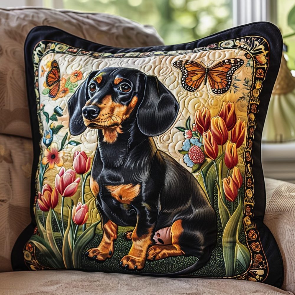 Butterfly & Dachshund Quilted Pillow Cover - Playful Pet And Nature Design, Vibrant Colors, Soft Cotton, Washable 18X18
