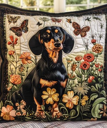 Floral Dachshund Quilted Throw Pillow Cover - Elegant Botanical Dog Artwork, Soft Cotton, Gift-Ready Home Accent 18X18