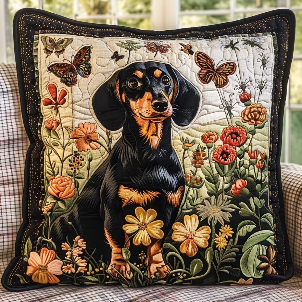Floral Dachshund Quilted Throw Pillow Cover - Elegant Botanical Dog Artwork, Soft Cotton, Gift-Ready Home Accent 18X18
