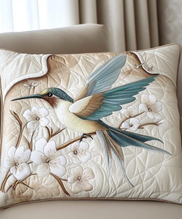 Hummingbird Haven Quilted Accent Pillow Cover — Bright Hummingbird & Floral Design, Quilted Throw Sham For Garden, Sunroom & Living Spaces