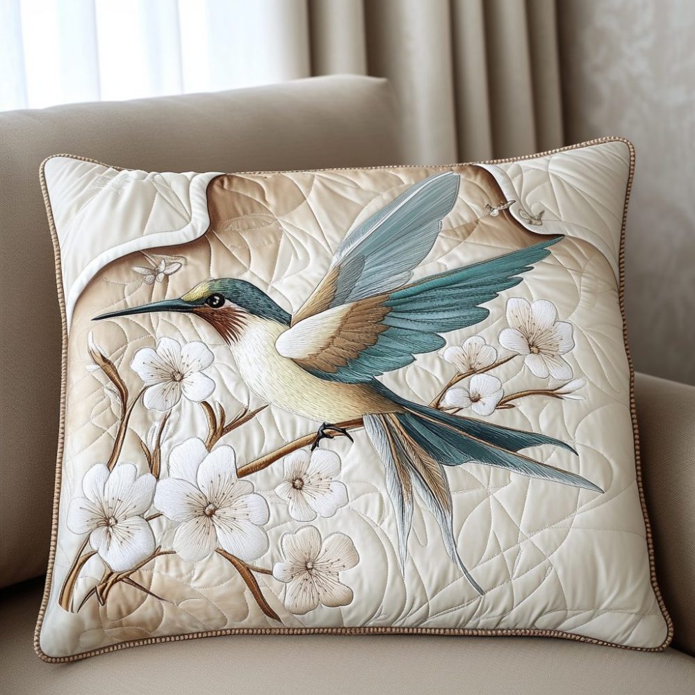 Hummingbird Haven Quilted Accent Pillow Cover — Bright Hummingbird & Floral Design, Quilted Throw Sham For Garden, Sunroom & Living Spaces