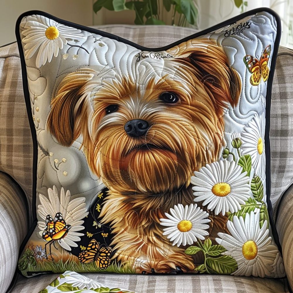 Pawfect Yorkshire Quilted Pillow Cover - Cute Yorkie Decorative Pillowcase For Living Room, Pet Lovers & Nursery