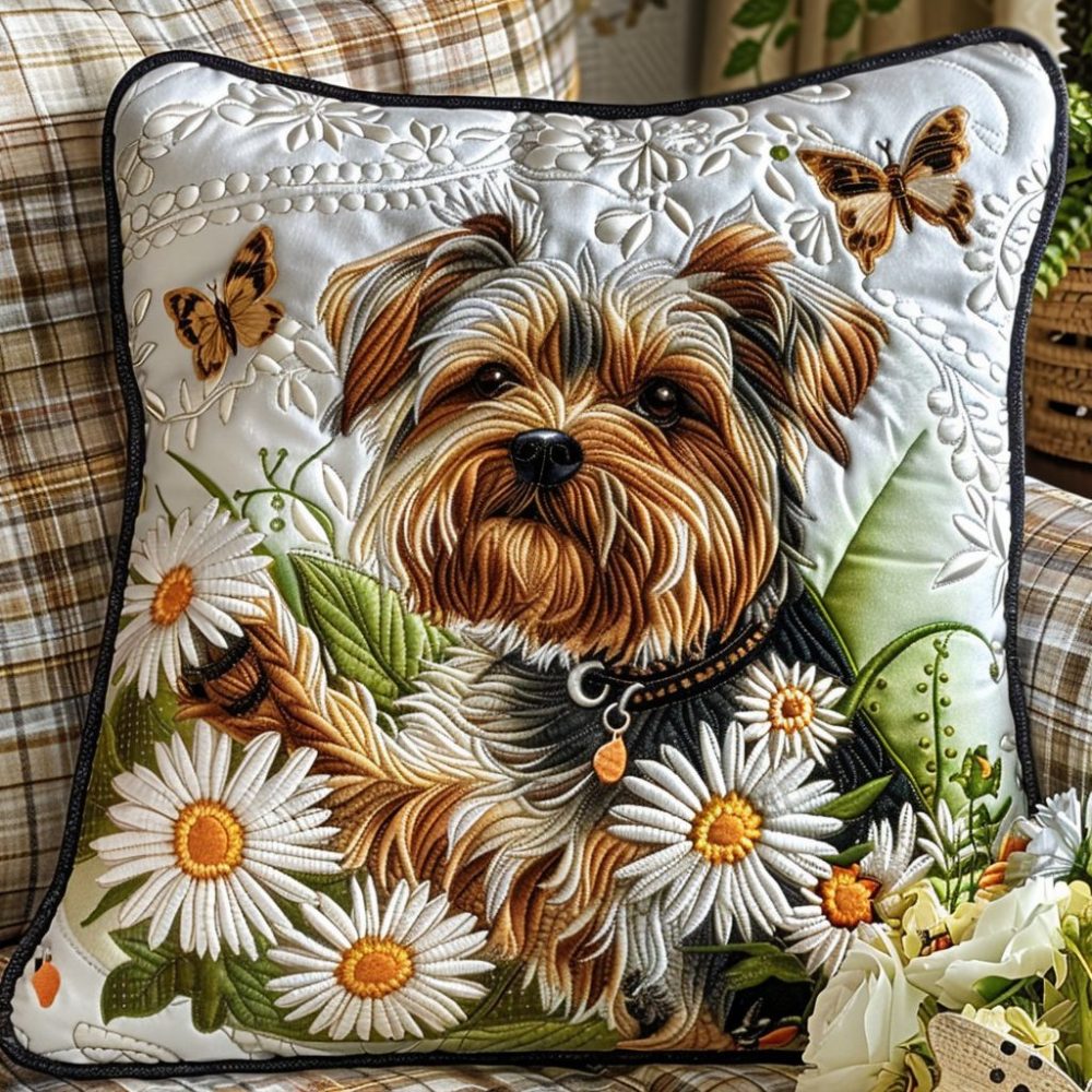 Yorkie Cozy Quilted Pillow Cover - Plush Yorkshire Terrier Decorative Pillowcase For Stylish Home & Pet Lover Gifts
