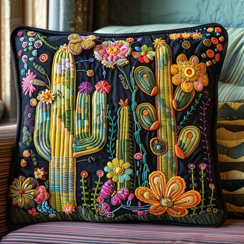 Saguaro Snuggle Quilted Pillow Cover - Desert Cactus Decorative Pillowcase For Boho, Southwestern & Cozy Living Spaces