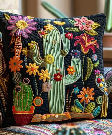 Desert Bloom Quilted Pillow Cover — Blooming Cactus Floral Throw Pillowcase, Quilted Textured Home Accent