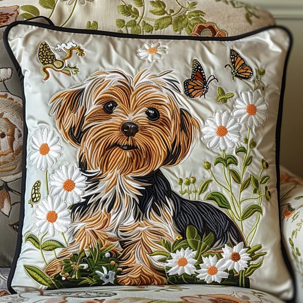 Terrier Moments Quilted Pillow Cover - Playful Dog Portrait Decorative Pillowcase For Cozy Home & Pet Lover Gifts