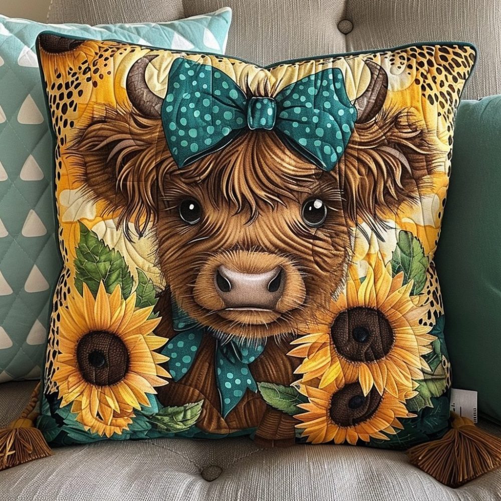 Sunflower Highland Cow Quilted Pillow Cover — Cheerful Floral Cow Art Decorative Cushion Case, Bright Farmhouse Throw Pillow Accent